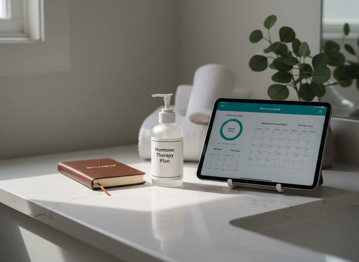 A neatly arranged bathroom vanity featuring an elegant, frosted-glass bottle labeled “Hormone Therapy Plan,” a slim leather-bound health journal, and a digital tablet displaying a clean, teal-and-white dashboard of hormone levels and calendar reminders. Everything rests on a pale quartz countertop with subtle veining. Soft morning light filters through an unseen window, casting gentle, elongated shadows and faint reflections in the glass. The background is softly blurred, hinting at folded white towels and a small eucalyptus plant. Photographic realism with a calm, professional mood, shot at eye level with a slight angle, using shallow depth of field to keep the focus on the organized tools of menopause management and ongoing support.