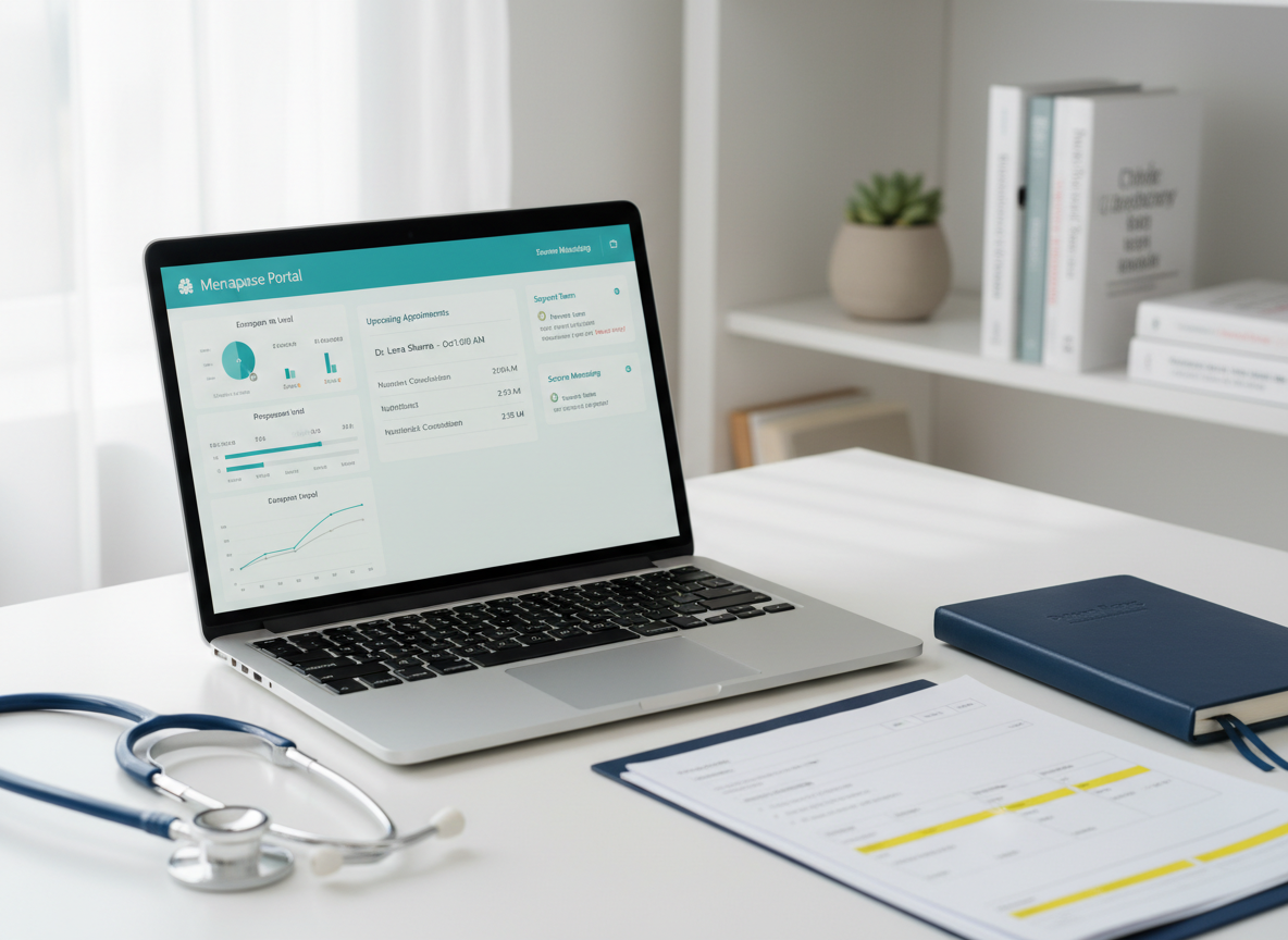 An open laptop resting on a tidy white desk displays a sophisticated, teal-accented dashboard for an online menopause membership portal, featuring charts, appointment reminders, and a secure messaging interface. Beside the laptop lies a stethoscope, a slim clinical-style notebook, and a neatly stacked set of lab reports with highlighted hormone values. Soft, diffused daylight from a nearby window bathes the scene, creating gentle reflections on the laptop screen and a calm, professional ambiance. The background is subtly blurred, hinting at minimalist shelving with a few medical reference books and a small potted plant. Photographic realism from a slightly elevated angle, with balanced composition and clear focus on technology and ongoing support.